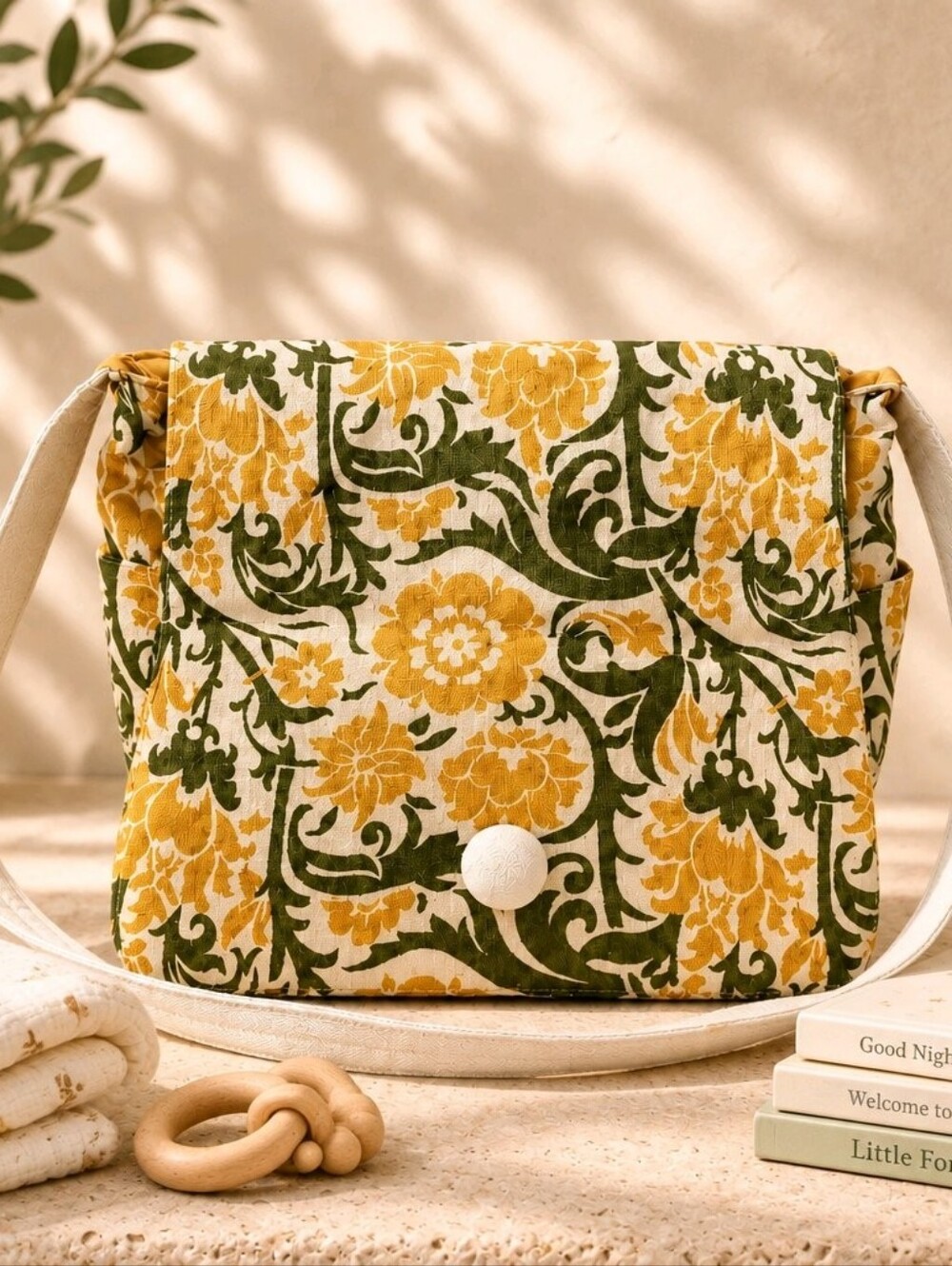 Soapbox Canvas Diaper Bag Messenger Tote Yellow Green Floral Damask